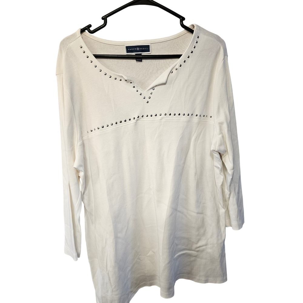 Karen Scott Womens White Studded Split V-Neck Long Sleeve Cotton Top XL